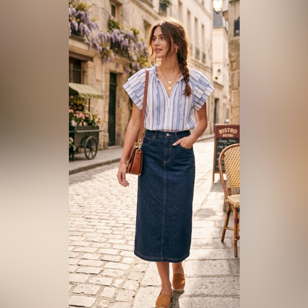 2 piece Bundled Aesthetic Set: Honorine Striped Blouse & Denim Midi Skirt (S